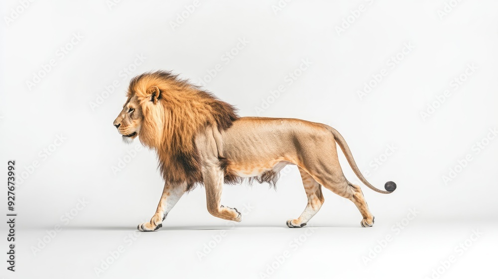 Obraz premium A lion walking gracefully on a white background, its body in motion with a focused and determined expression, highlighting its agility and strength.