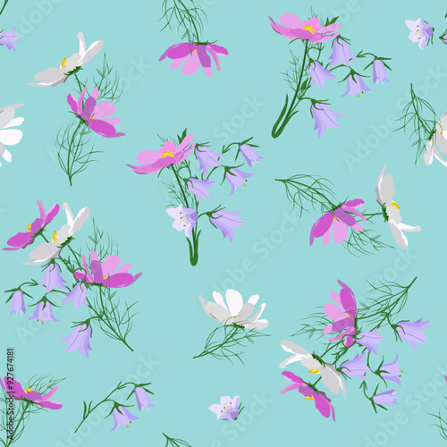Seamless vector illustration with cosmea and campanula on a turquoise background. To decorate textiles, packaging.