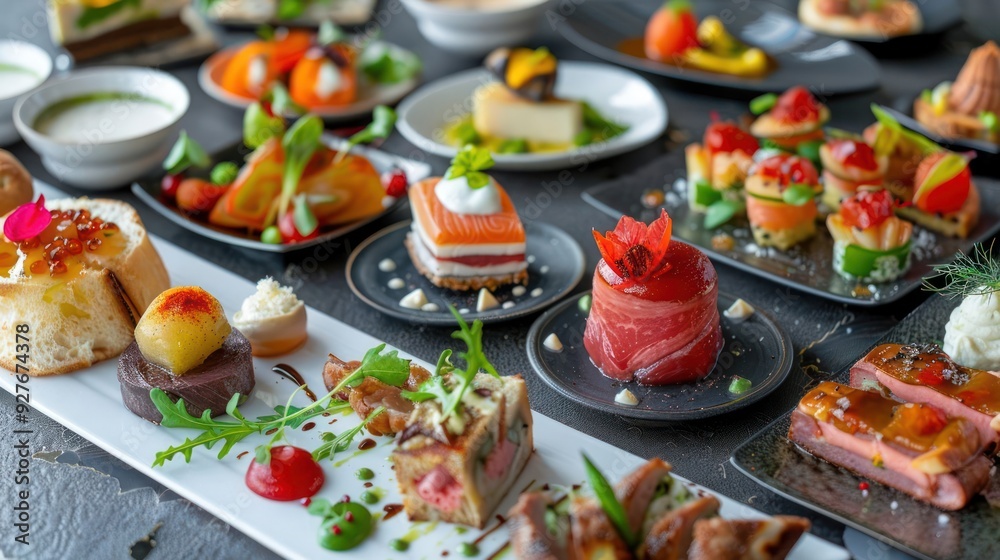 Assorted Gourmet Appetizers on Elegant Black Plates at Banquet Assorted Gourmet Appetizers on Elegant Black Plates at Banquet