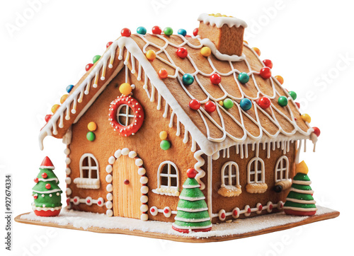 Gingerbread house decorated for the holidays, cut out - stock png.