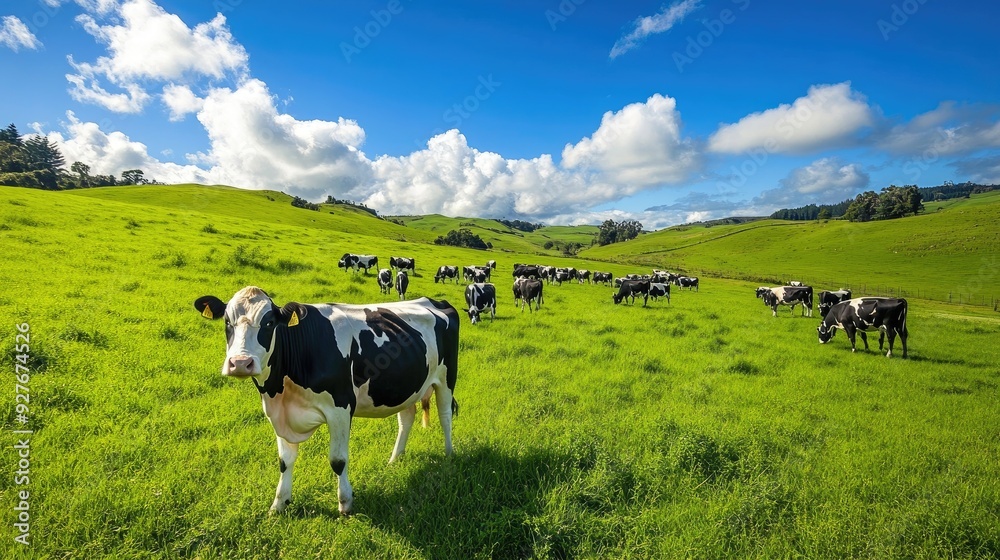A picturesque dairy farm with rows of cows grazing in a lush green pasture, backed by a clear blue sky. The scene is tranquil and untouched by human presence. A picturesque dairy farm with rows of cows grazing in a lush green pasture, backed by a clear blue sky. The scene is tranquil and untouched by human presence.