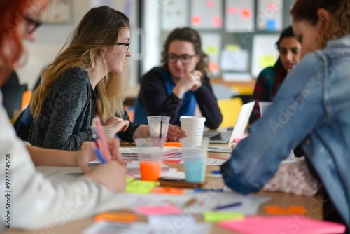 Four professionals around a table, utilizing laptops for a meeting, emphasizing teamwork and shared ideas, A group of colleagues discussing ideas around a table. AI generated