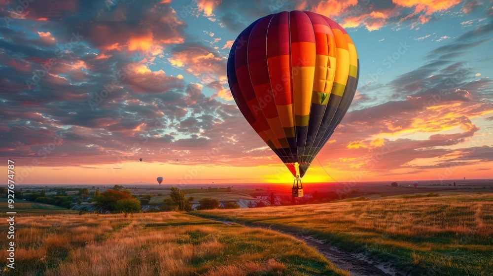 Fototapeta premium Hot Air Balloon Soaring Over Scenic Landscape at Sunset