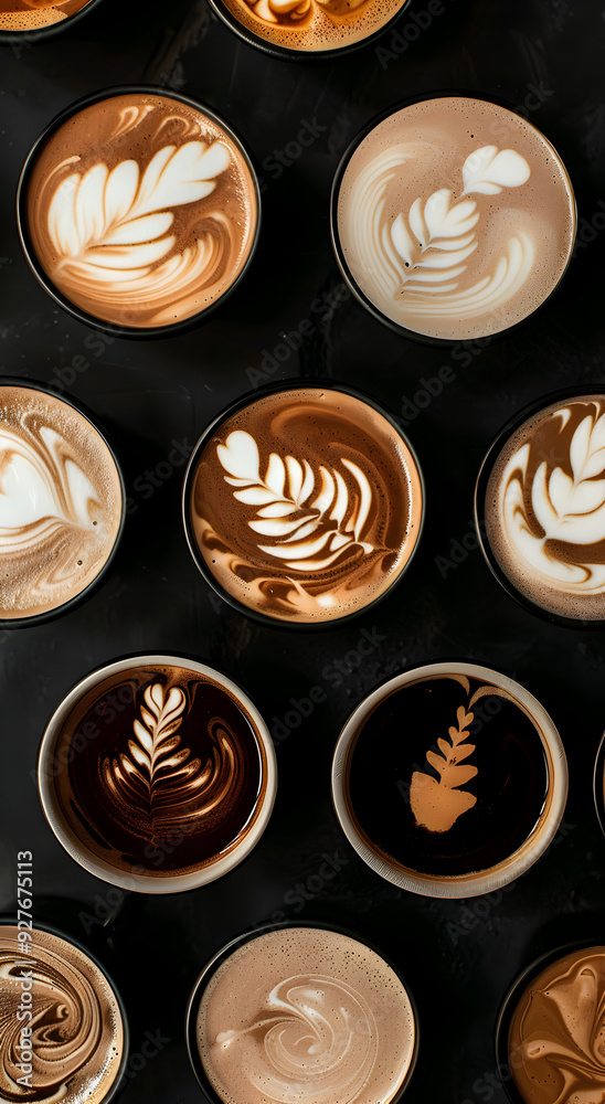 Latte art cups with different patterns and shades on a black background, top view.