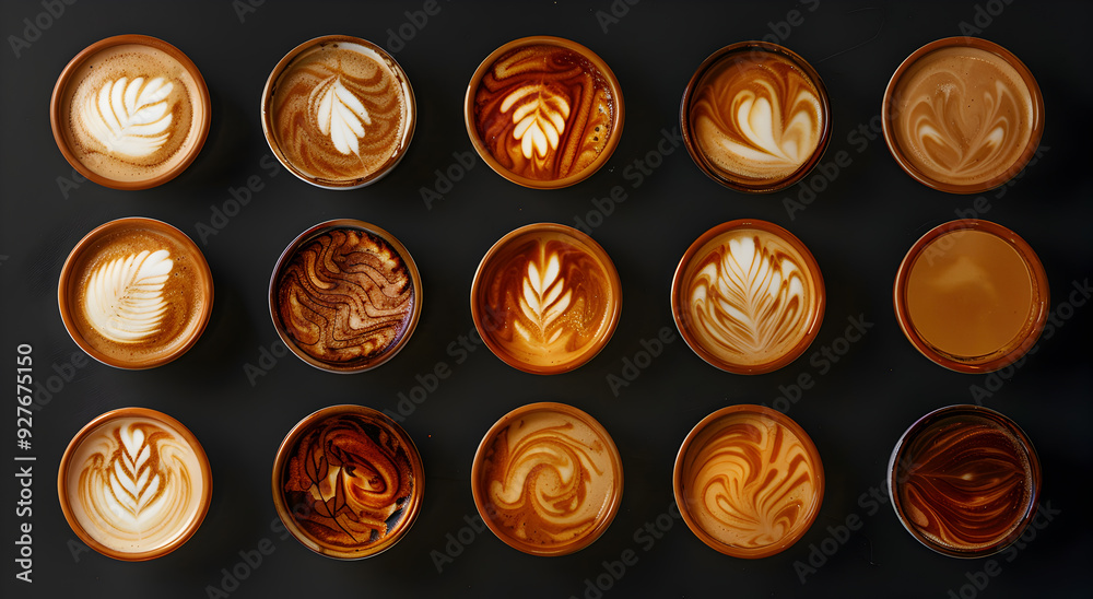 Latte art cups with different patterns and shades on a black background, top view. Latte art cups with different patterns and shades on a black background, top view.