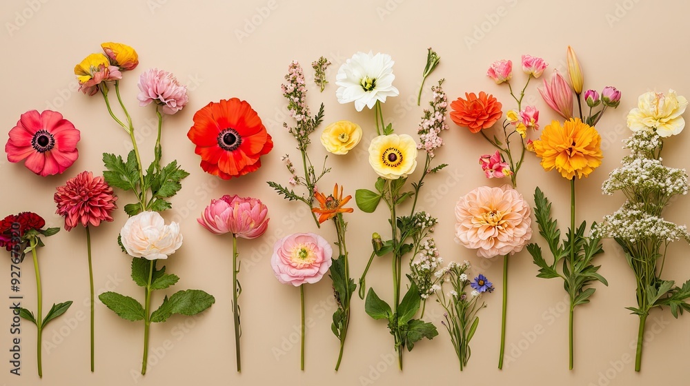 A variety of flowers arranged in a flat lay composition on a beige background, emphasizing the contrast between the vibrant colors and the neutral backdrop.