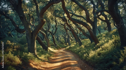 A serene forest with a clear path winding through it. The path is lined with tall, ancient trees, their branches forming a protective canopy overhead. Generative AI. photo