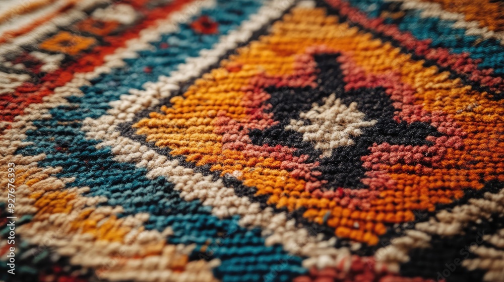 Close-up of a traditional Moroccan Berber carpet with geometric designs, showcasing the craftsmanship and cultural heritage.