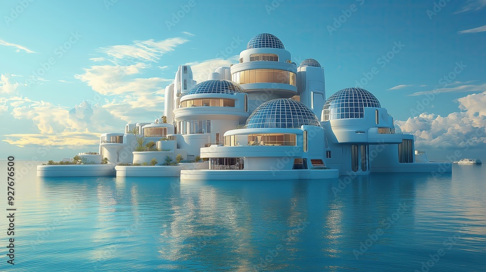 Artificial island city floating on the ocean Artificial island city floating on the ocean