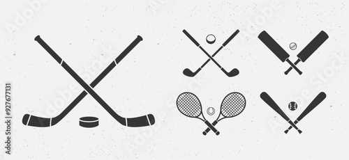 Sport icons. Tennis rackets, Golf clubs, Baseball bats, Hockey cues, Cricket bats. Sport icons for logo, label, poster, emblem template. Vector illustration