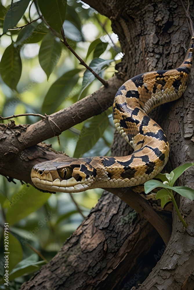 Beautiful cartoon snake python crawling on tree branch. vertical photo Beautiful cartoon snake python crawling on tree branch. vertical photo