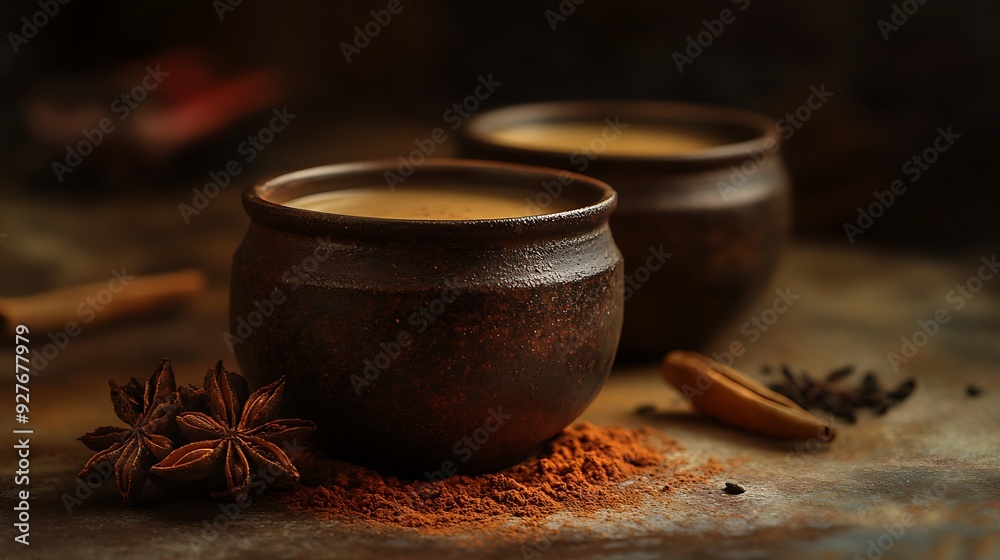 Close-up of Two Clay Mugs of Spiced Drink with Cinnamon and Star Anise Close-up of Two Clay Mugs of Spiced Drink with Cinnamon and Star Anise
