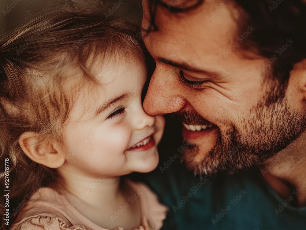 Close up young handsome father happily touch noses with daughter at home Close up young handsome father happily touch noses with daughter at home