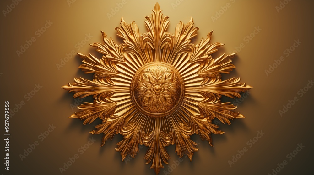 Fototapeta premium A decorative golden sunburst wall art piece with intricate floral and leaf patterns, set against a smooth, warm-toned background.