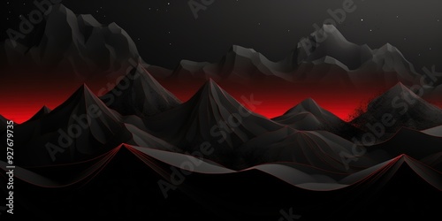 Black mountain range with red glow at the base, against a starry night sky.