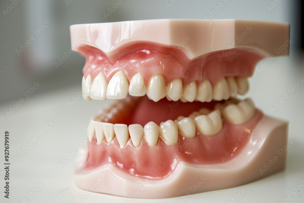 Fototapeta premium Dental model with teeth on cabinet background for medical study