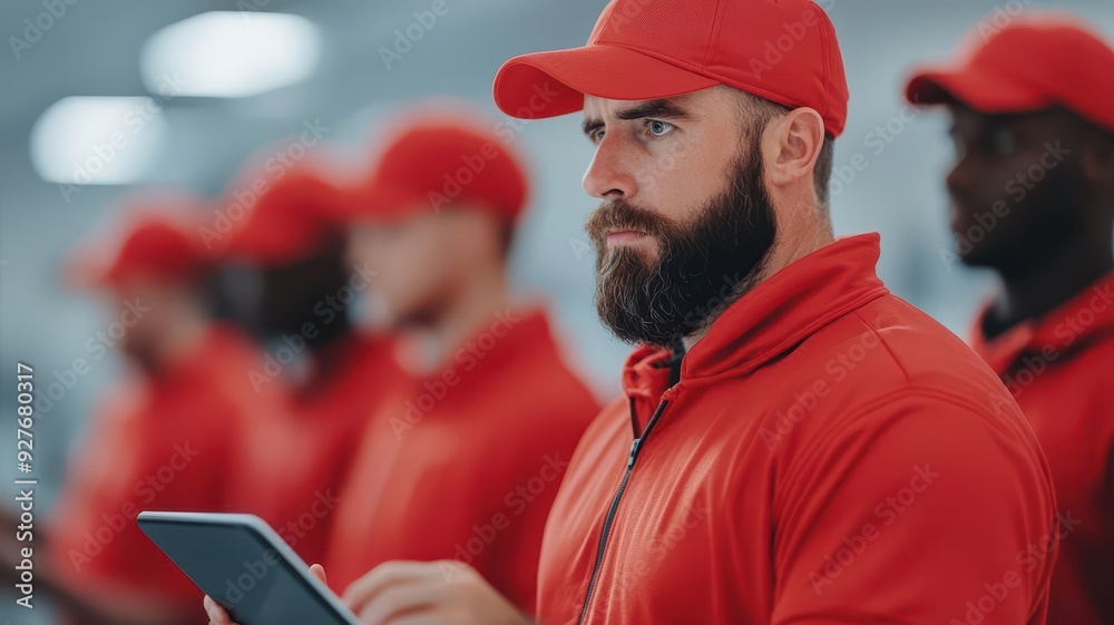Coach designing a defensive strategy on a digital tablet with his team during practice Football defense, coaching technology, strategy planning Coach designing a defensive strategy on a digital tablet with his team during practice Football defense, coaching technology, strategy planning