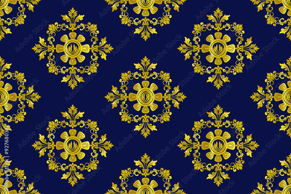 Navy gold Foil Hand Painted Metallic Tile. Seamless Ikat Pattern. Vector Tile Pattern, Bohemian Style Seamless Gold Colored Ornament. Gypsy, Indian Traditional Design.Gold Foil Hand Painted Metallic Navy gold Foil Hand Painted Metallic Tile. Seamless Ikat Pattern. Vector Tile Pattern, Bohemian Style Seamless Gold Colored Ornament. Gypsy, Indian Traditional Design.Gold Foil Hand Painted Metallic