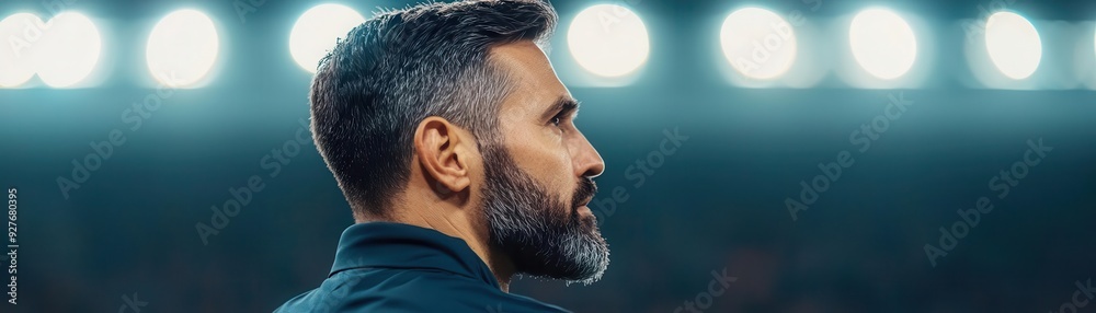 Fototapeta premium Coach leading an intense training drill under stadium lights during evening practice Football coaching, game preparation, sports training