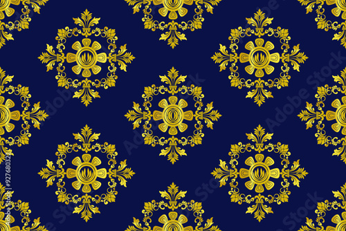 Navy gold Foil Hand Painted Metallic Tile. Seamless Ikat Pattern. Vector Tile Pattern, Bohemian Style Seamless Gold Colored Ornament. Gypsy, Indian Traditional Design.Gold Foil Hand Painted Metallic
