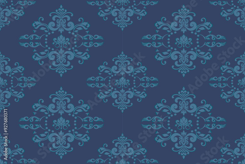 Vector seamless navy blue damask pattern with floral baroque elements. Repetitive vintage design for wallpapers, fabric, textile, upholstery, curtains, slipcover, blinds, packaging, ,Luxury Decorative