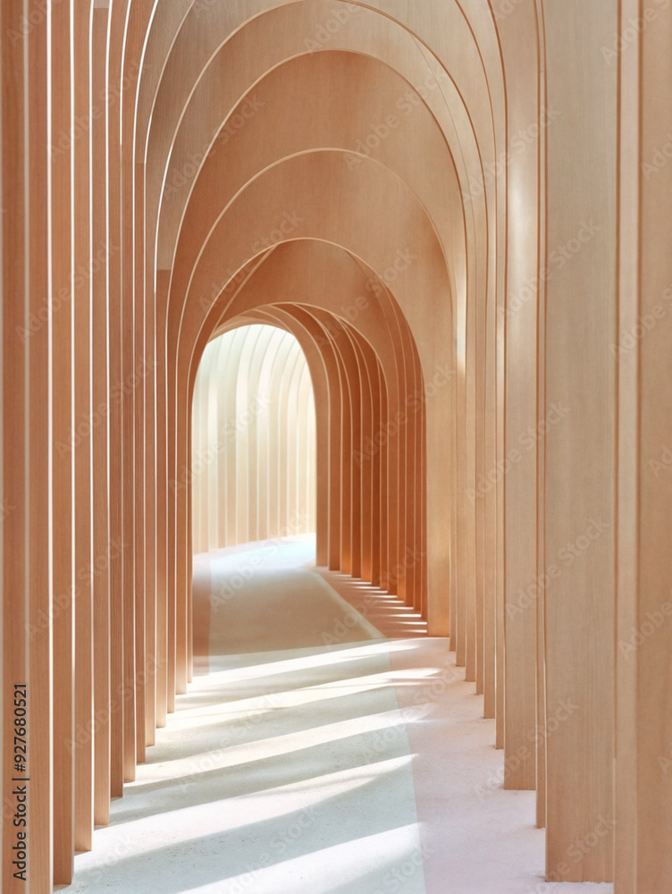 A modern architectural design featuring a long hallway with high arched wooden ceilings.