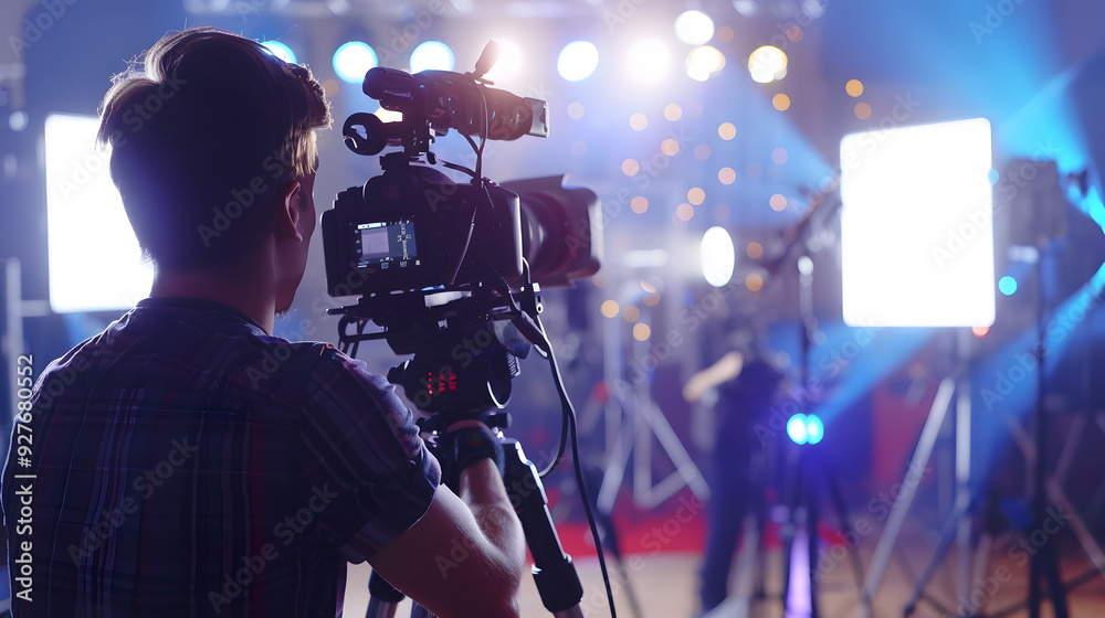 A cameraman operates a video camera on a studio set illuminated by bright lighting and softboxes, capturing footage in a professional filming environment. A cameraman operates a video camera on a studio set illuminated by bright lighting and softboxes, capturing footage in a professional filming environment.