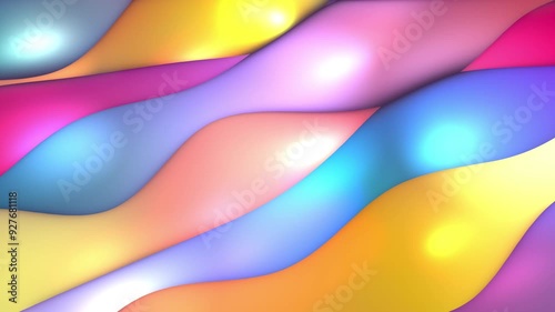 Abstract 3D loop background. Squishy diagonal waves in cyan, blue, purple, pink, red, orange, yellow, white.