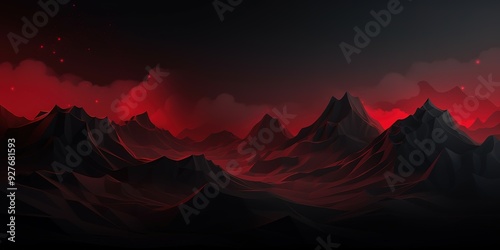 Dark mountains under a red sky with glowing clouds.