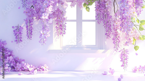 purple flowers against white wall with elegant white wooden window