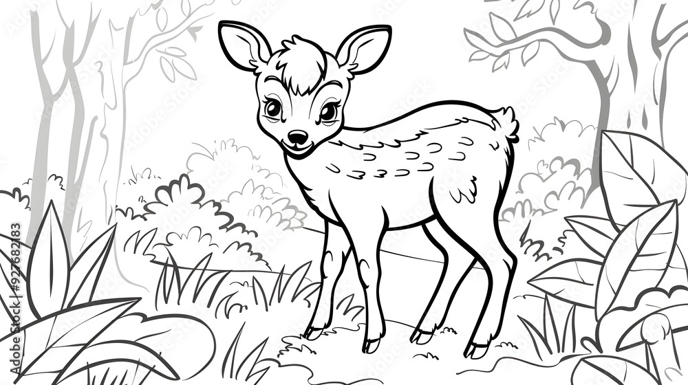 A black and white illustration of a cute deer standing in a forest, surrounded by trees and plants. The scene is designed as a coloring page, perfect for children's activities and creativity.