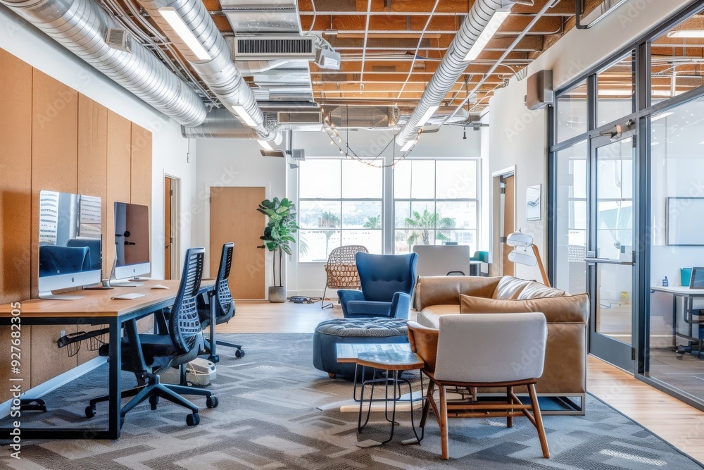 Fototapeta premium A professional office setup including a desk, a chair, and a window, promoting a serene working atmosphere, A modern office space with sleek furniture and natural light. Ai generated