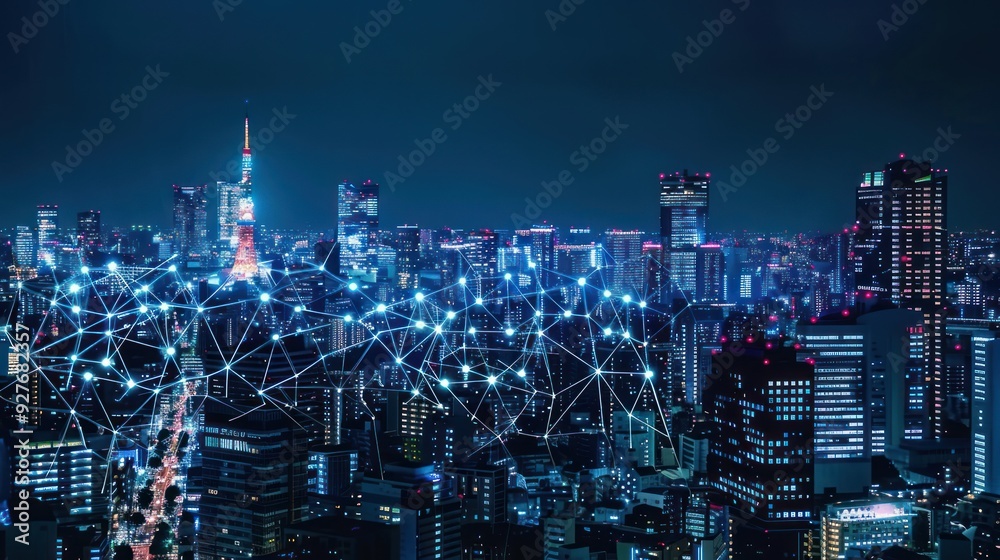 Fototapeta premium Night Cityscape with Network Connections