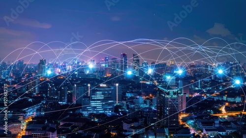 Cityscape at Night with Connected Lines Representing Technology