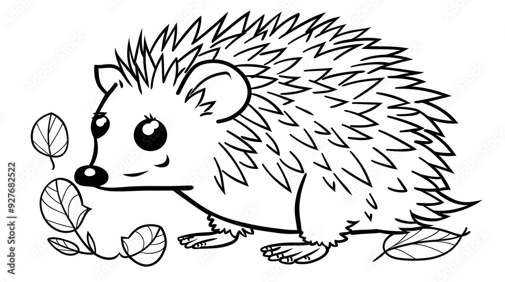 Obraz premium Black and white illustration of an adorable hedgehog surrounded by falling leaves. Perfect for coloring books, children's designs, or nature-themed artwork.