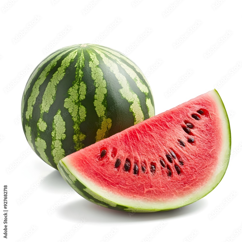 Freshly Sliced Watermelon on Clean White Background Perfect for Minimalist Design Templates Food Packaging Recipe Blogs or Health and Wellness Concepts