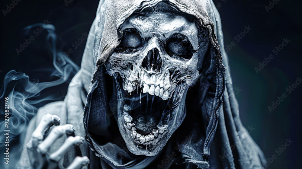The grim reaper's skull face lets out a chilling scream, evoking fear and horror in a dramatic Halloween atmosphere The grim reaper's skull face lets out a chilling scream, evoking fear and horror in a dramatic Halloween atmosphere