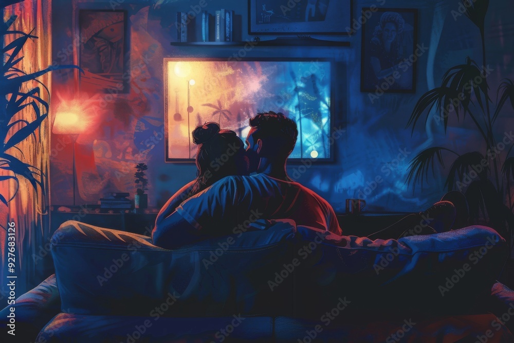 Fototapeta premium A couple sits comfortably on a couch, watching television, with ambient lights enhancing the cozy living room vibe, A pair of spouses cuddling on the couch, watching a movie together. Ai generated