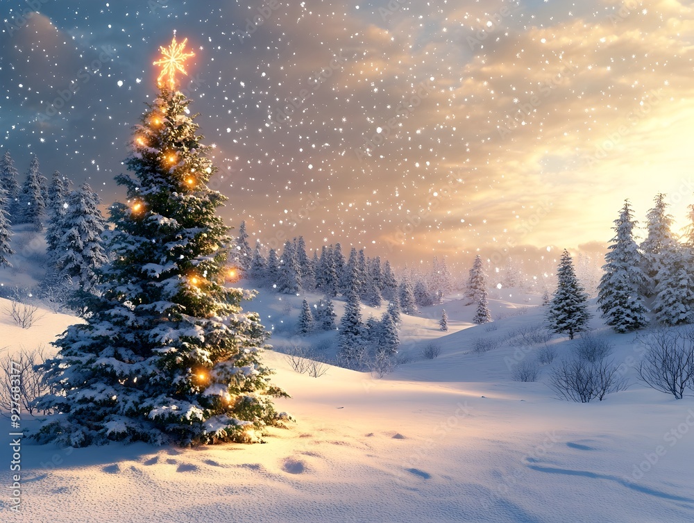 Stunning 3D rendered winter landscape with a snow covered Christmas tree in the foreground set against a serene twilight sky with soft snowfall creating a cozy magical atmosphere Stunning 3D rendered winter landscape with a snow covered Christmas tree in the foreground set against a serene twilight sky with soft snowfall creating a cozy magical atmosphere