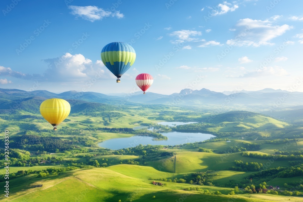 Naklejka premium Colorful hot air balloons floating above a scenic landscape, creating a vibrant and festive atmosphere.