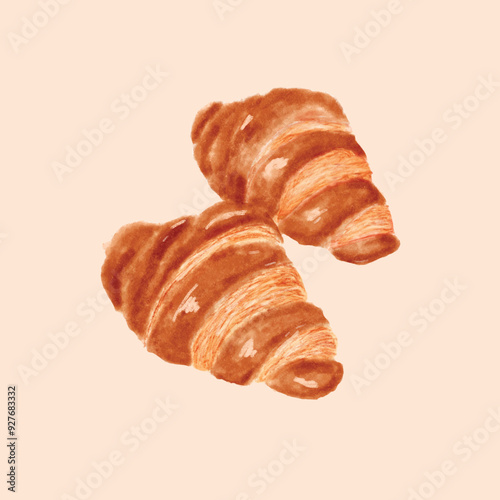 Croissant, French pastry,  Watercolor food illustration, Vector image