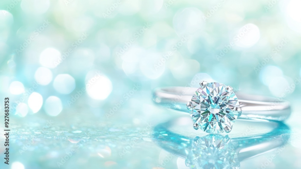 Close-up of a diamond engagement ring on a reflective surface with a soft bokeh background in blue and pink tones. Close-up of a diamond engagement ring on a reflective surface with a soft bokeh background in blue and pink tones.