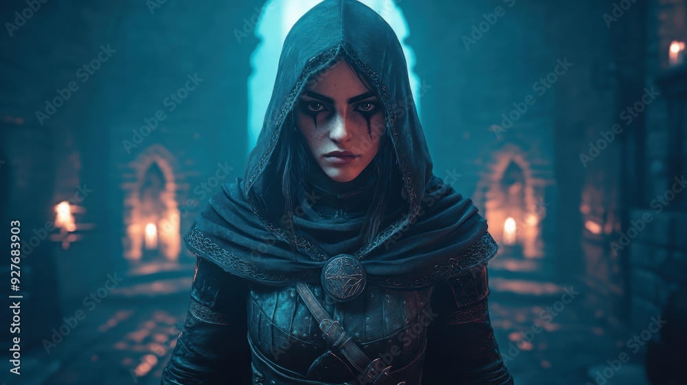 Hooded female warrior in dark robes standing in a dimly lit medieval castle, exuding mystery and determination. Hooded female warrior in dark robes standing in a dimly lit medieval castle, exuding mystery and determination.