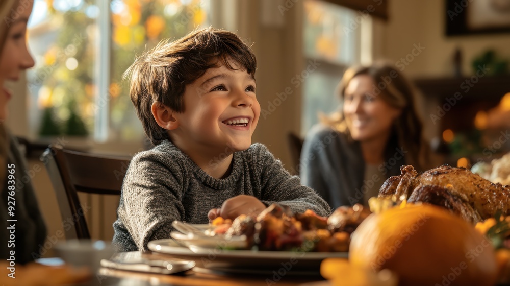 Smiling boy enjoying a festive meal with family, capturing warmth and togetherness. Smiling boy enjoying a festive meal with family, capturing warmth and togetherness.
