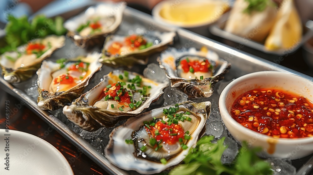 Fresh oysters in a rectangle stainless steel plate, topped with sliced triangle lemon, chili Thai sauce. Generative AI. Fresh oysters in a rectangle stainless steel plate, topped with sliced triangle lemon, chili Thai sauce. Generative AI.