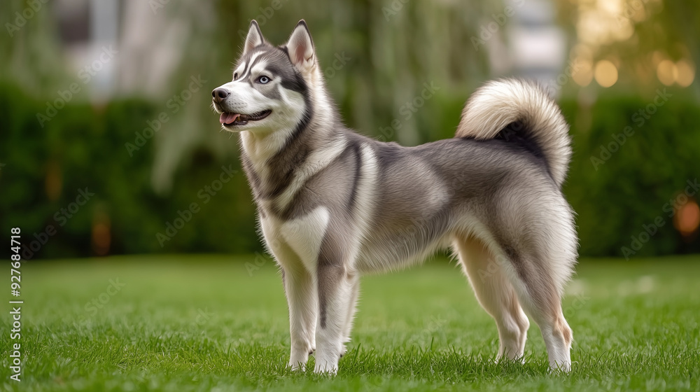 Portrait of Siberian husky dog standing in green lawn during day time Portrait of Siberian husky dog standing in green lawn during day time