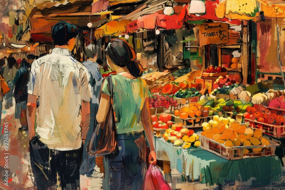 A pair of spouses exploring a vibrant street market, sampling local cuisine, AI generated A pair of spouses exploring a vibrant street market, sampling local cuisine, AI generated