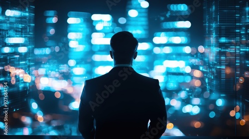 A professional man gazes at a futuristic city skyline illuminated by blue lights, reflecting ambition and innovation.