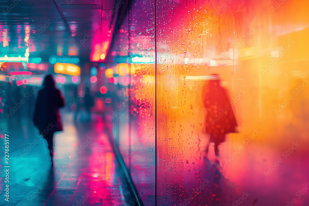a rainy night in the city with neon lights reflecting on wet surfaces and blurred silhouettes, creating a vibrant and atmospheric urban scene a rainy night in the city with neon lights reflecting on wet surfaces and blurred silhouettes, creating a vibrant and atmospheric urban scene