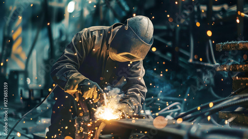 A dedicated welder works meticulously at night, creating brilliant sparks while focused on crafting metal in a bustling factory environment